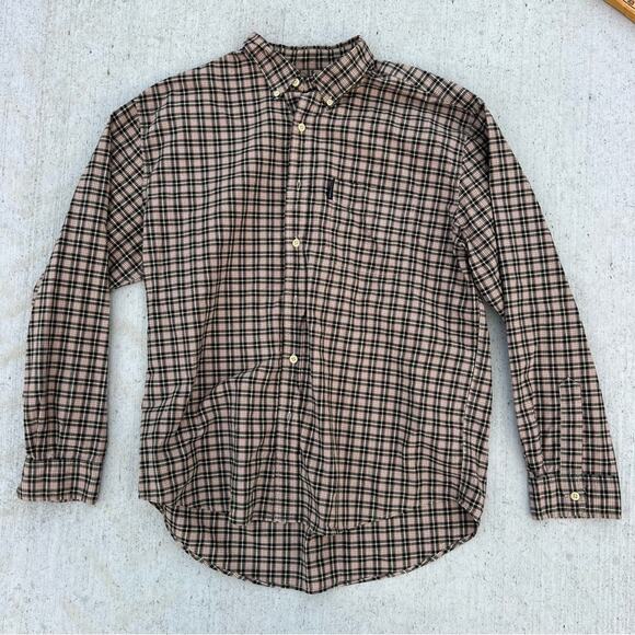Abercrombie and Fitch Outdoor Goods Brown Tan Red Plaid Button-Down Shirt LARGE - Picture 1 of 7